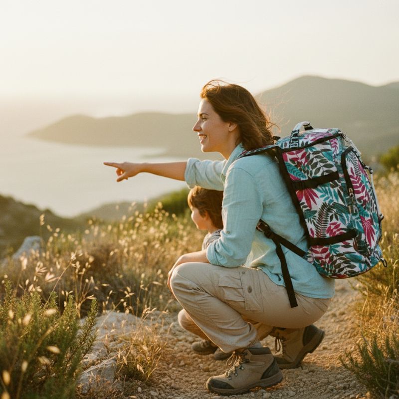 femme accroupi avec sac a dos motif floral