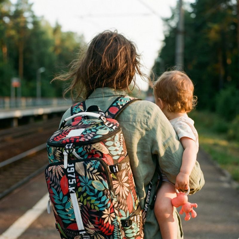 maman sur le quai avec son sac convertible en sac a dos motif floral