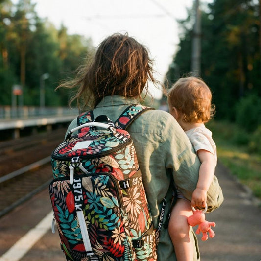 maman sur le quai avec son sac convertible en sac a dos motif floral