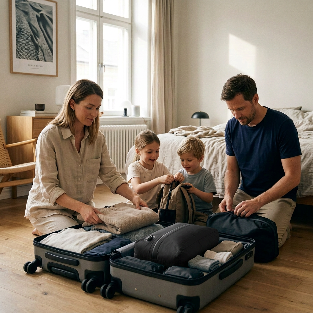 sac de compression dans une valise avec famille qui prépare les bagages