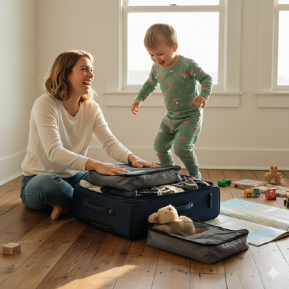 maman et enfant preparent valise avec sac de compression voyage sans aspirateur 4 pièces
