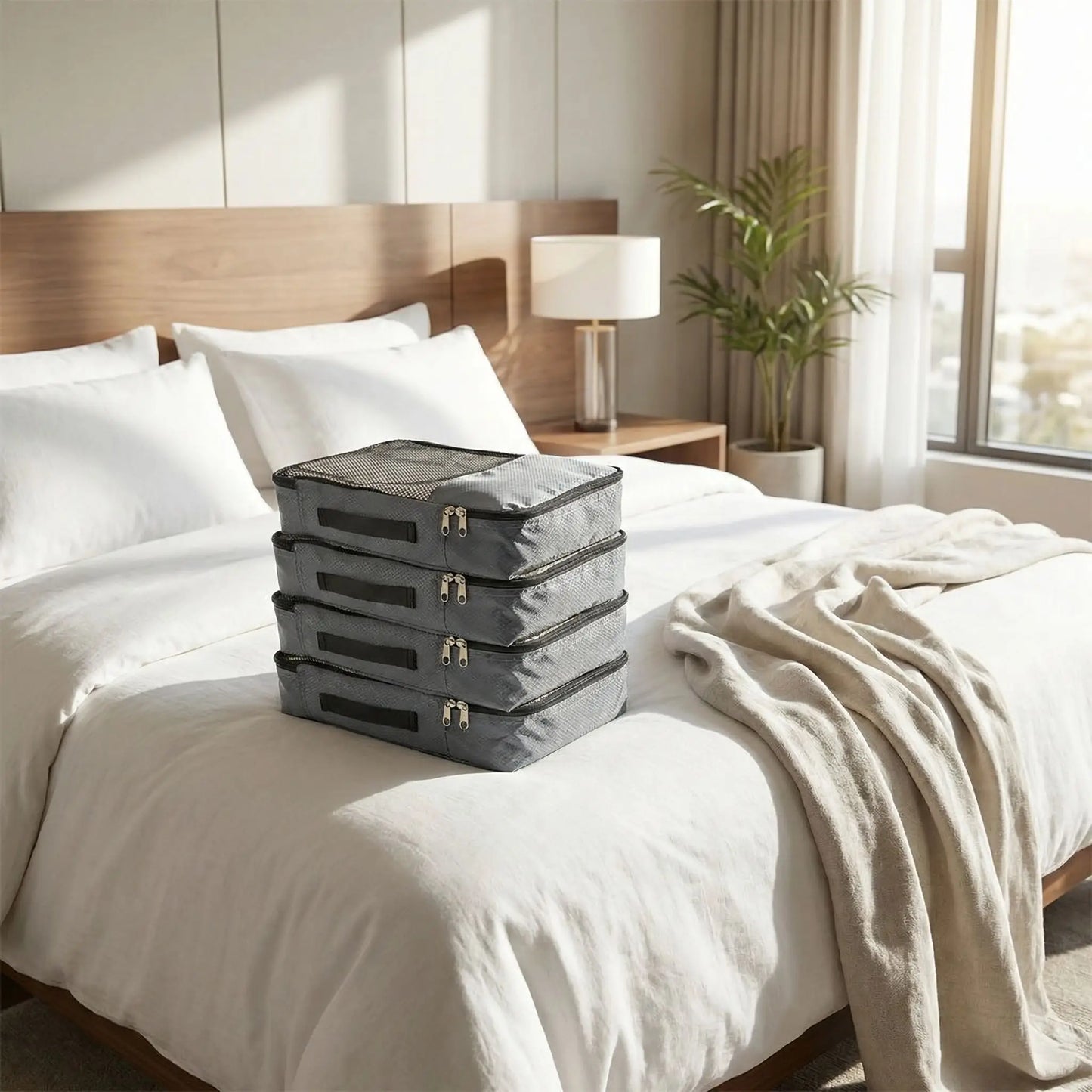 sac de compression voyage sans aspirateur 4 pièces sur le lit