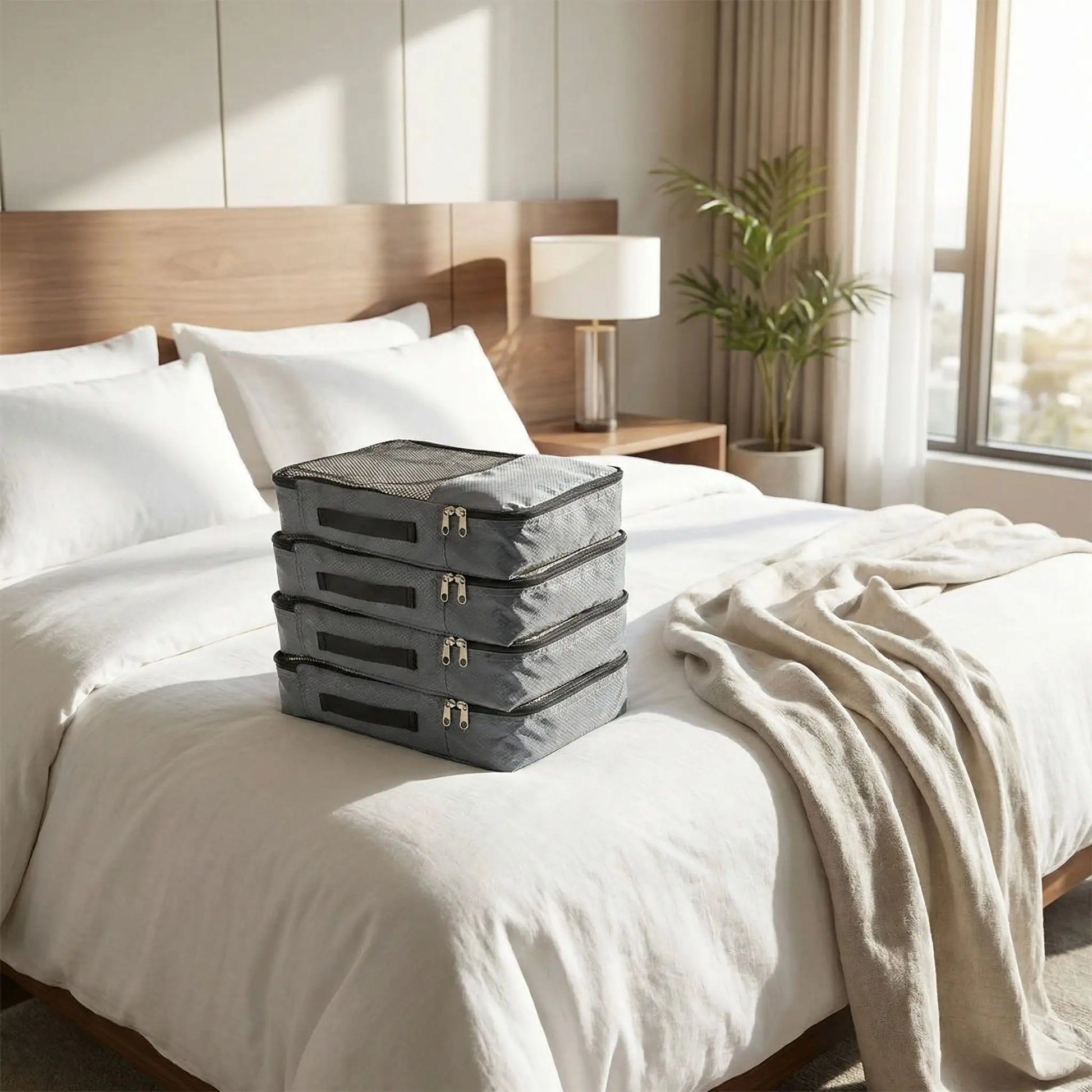 sac de compression voyage sans aspirateur 4 pièces sur le lit