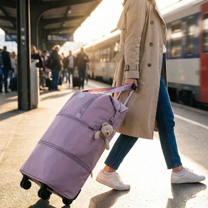 femme sur le quai avec sac de voyage extensible a roulettes