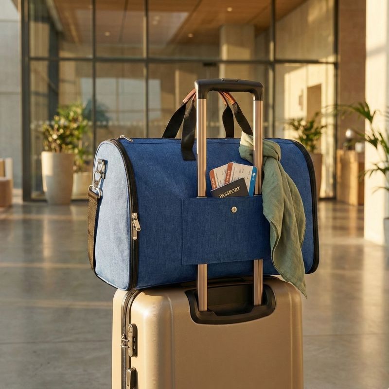 sac de voyage convertible bleu sur valise devant hotel