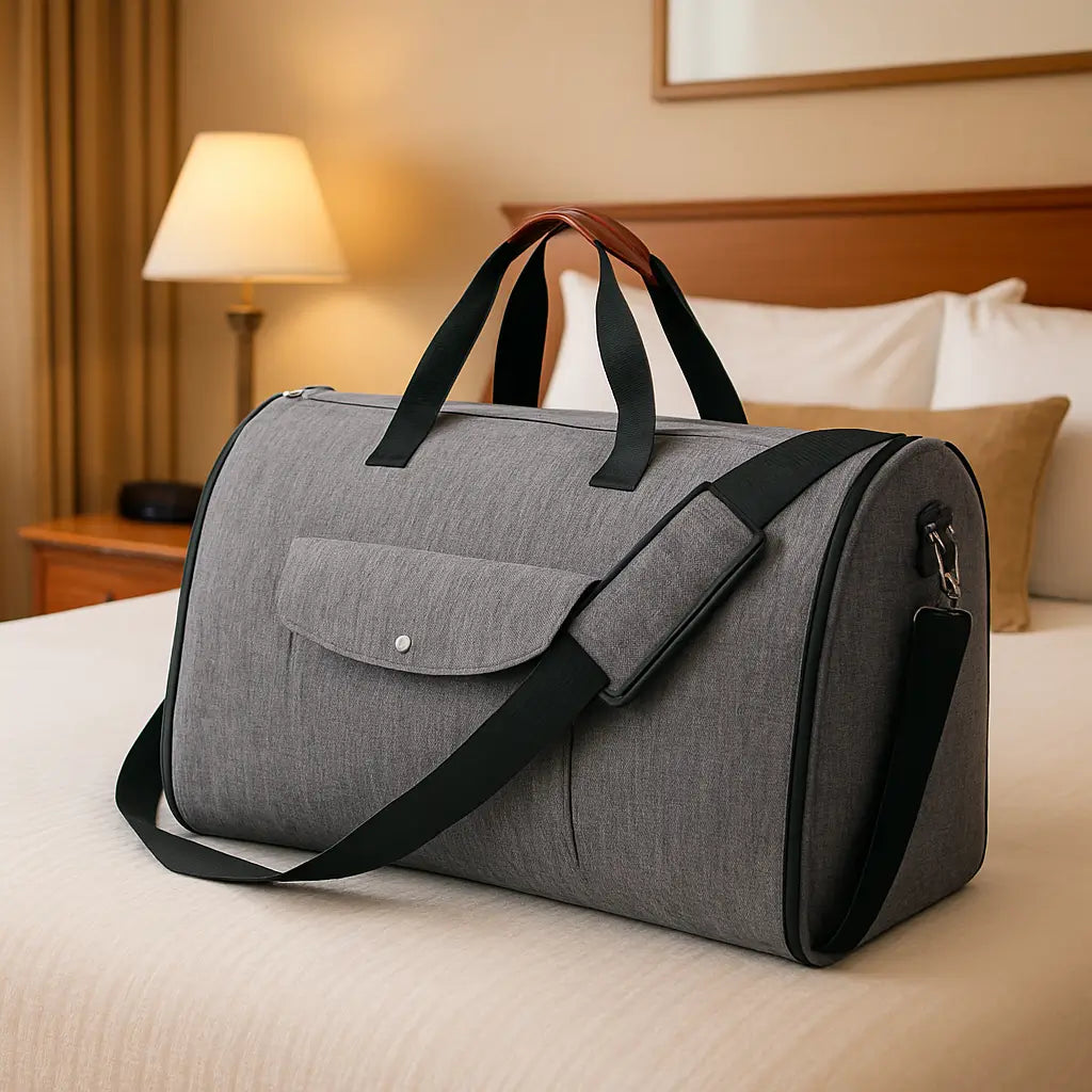 sac de voyage convertible costume business posé sur un lit