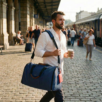 homme avec un café portant son sac de voyage convertible en bandoulière