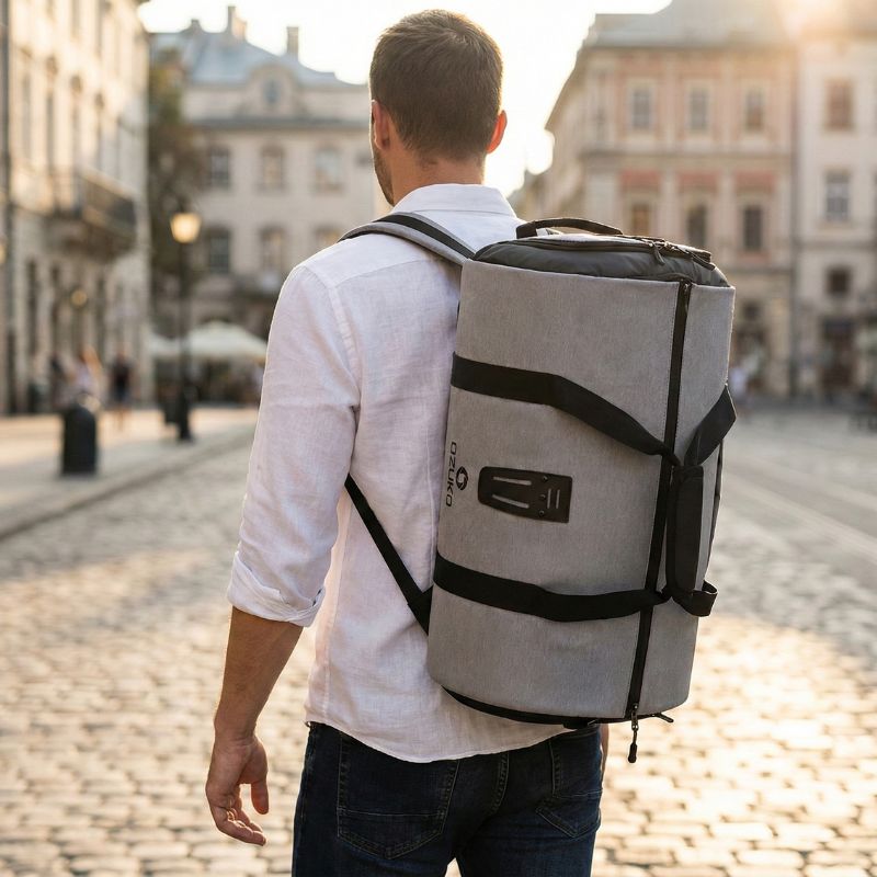homme avec chemise blanche et sac de voyage convertible au dos