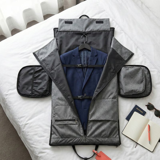 sac de voyage convertible pro posé sur un lit avec un costume non froissé à l'intérieur