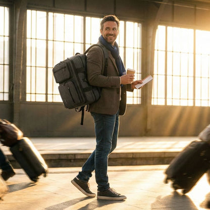 homme souriant avec un sac de voyage convertible sac a dos