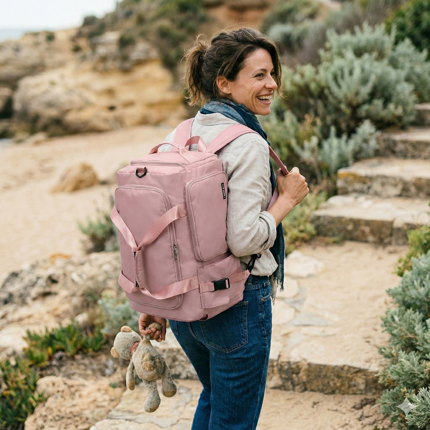 femme se promène avec son  sac de voyage femme convertible rose