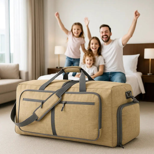 famile dans sa chambre d'hotel avec sac de voyage pliable grande capacité 65L