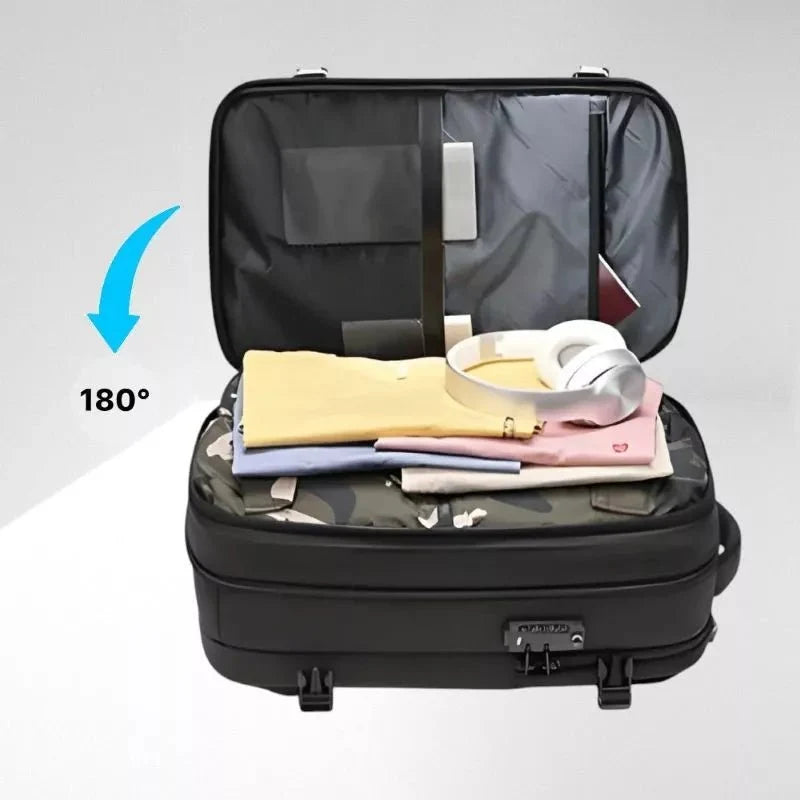 ouverture a 180 degré d'un sac de voyage sous vide extensible