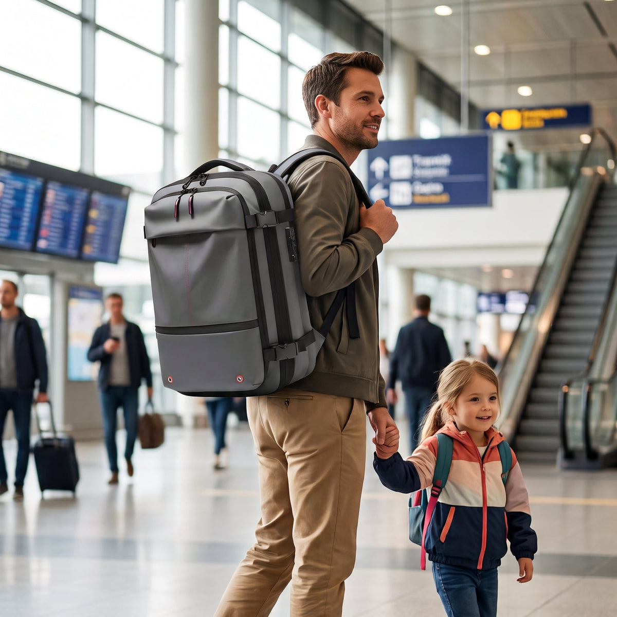 homme avec sa fille porte un sac de voyage sous vide vacuum