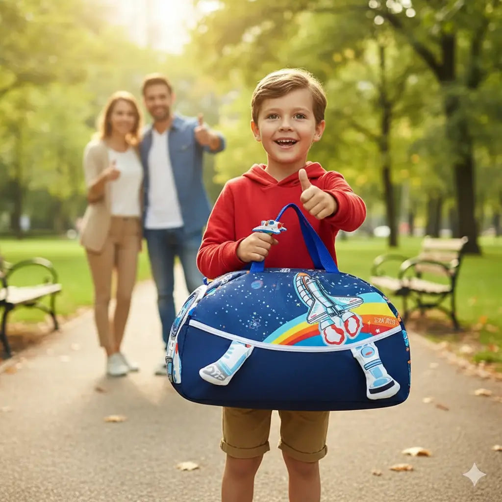 garçon dans un parc avec son sac enfant de voyage cosmonaute