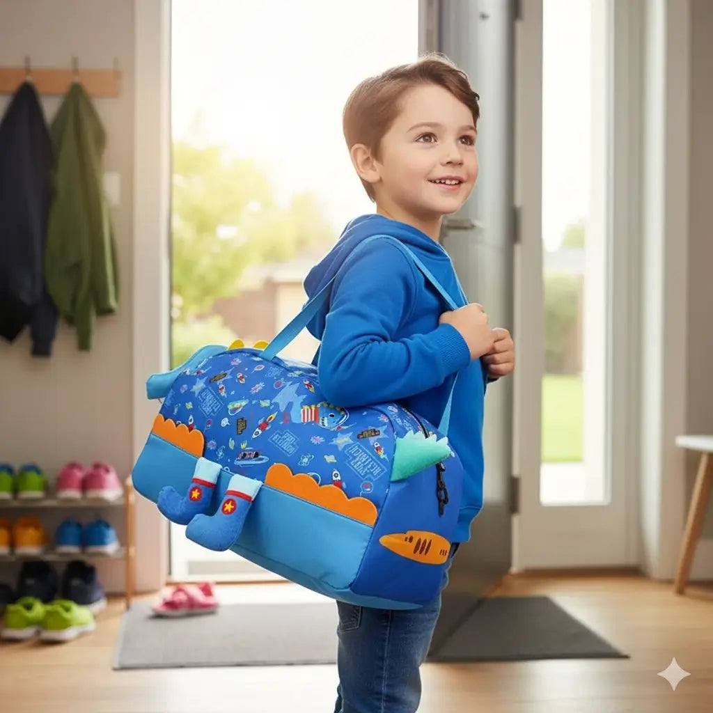 garçon avec un sac enfant de voyage dinosaure