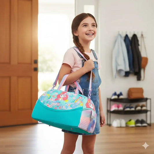 fille avec un sac enfant de voyage sirène