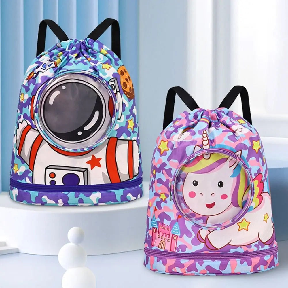 sac piscine enfant compartiment étanche cosmonaute et licorne