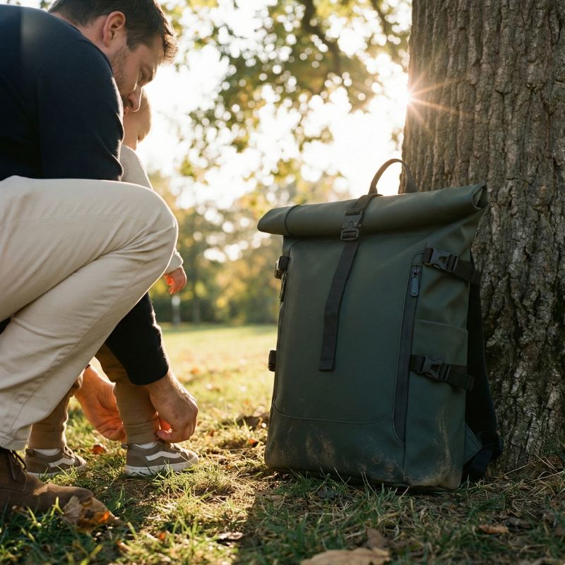 sac roll top pour la ville contre un arbre