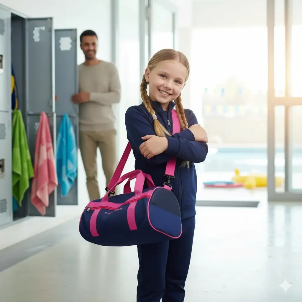 fille dans un vestiaire avec son sac sport enfant étanche