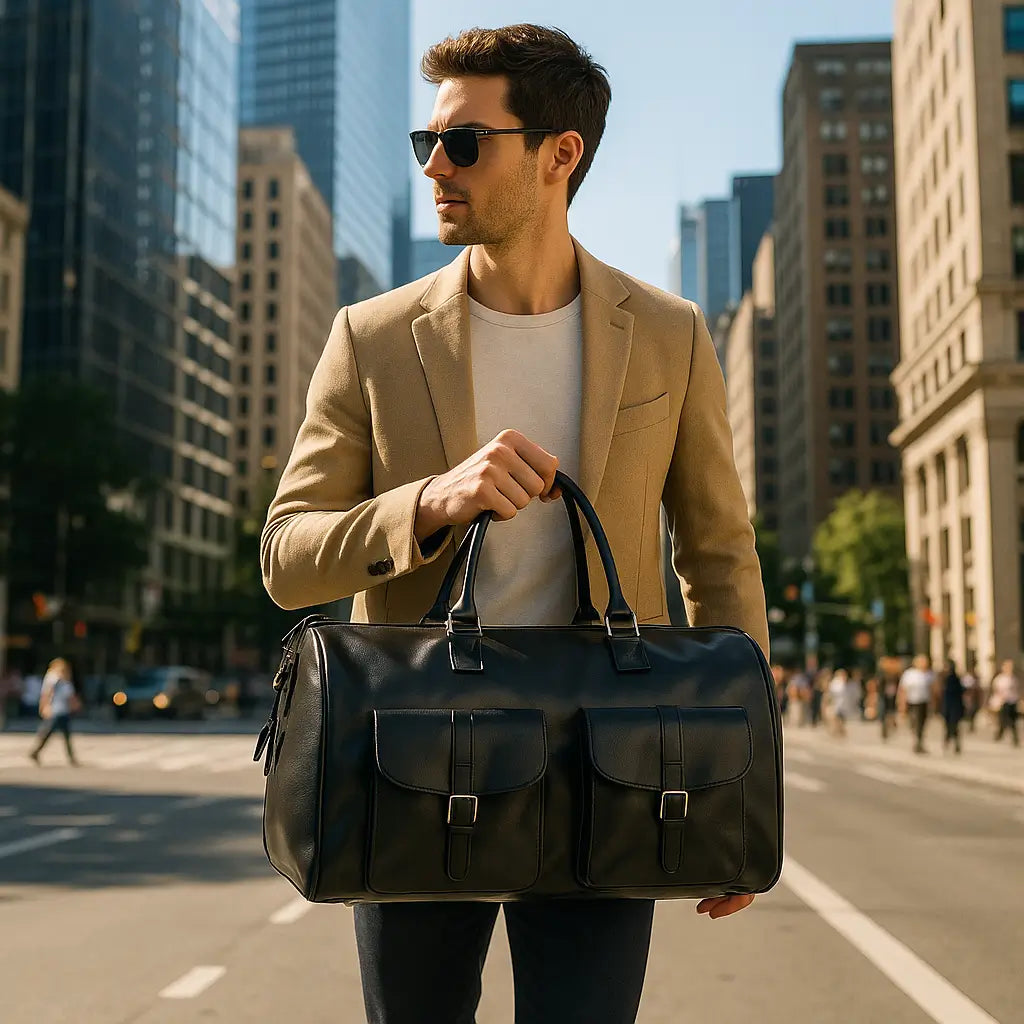 homme avec sac voyage convertible cuir