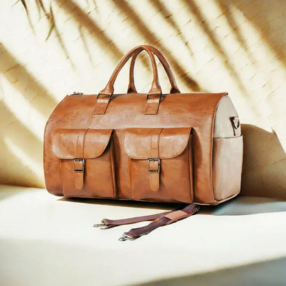 sac voyage convertible cuir brun design en lumière