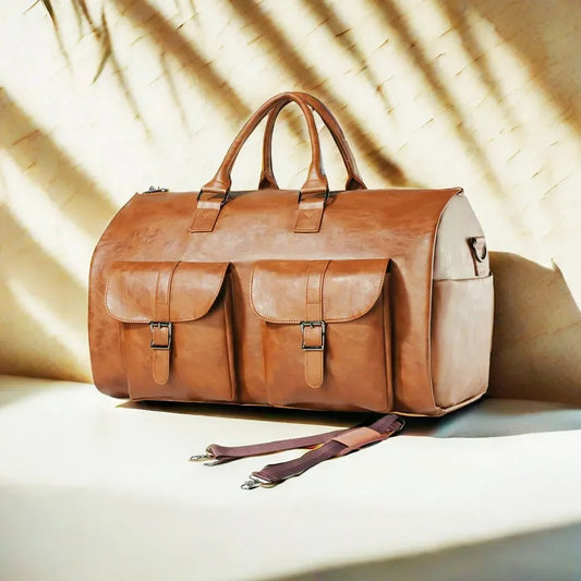 sac voyage convertible cuir brun design en lumière