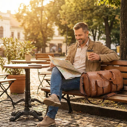 sac voyage convertible cuir posé sur un banc avec homme prenant son café
