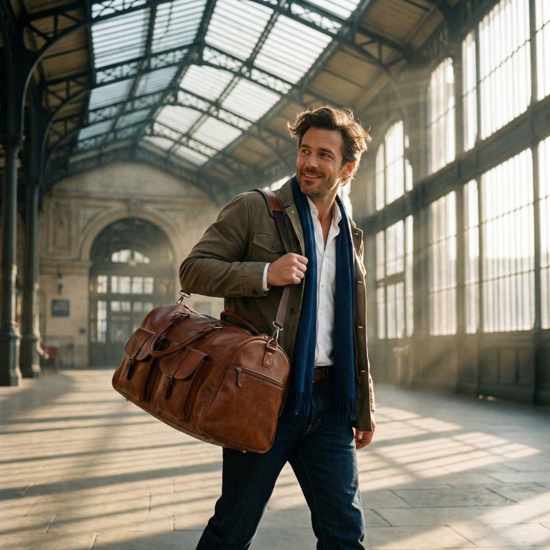 homme se promene avec son sac voyage convertible cuir brun