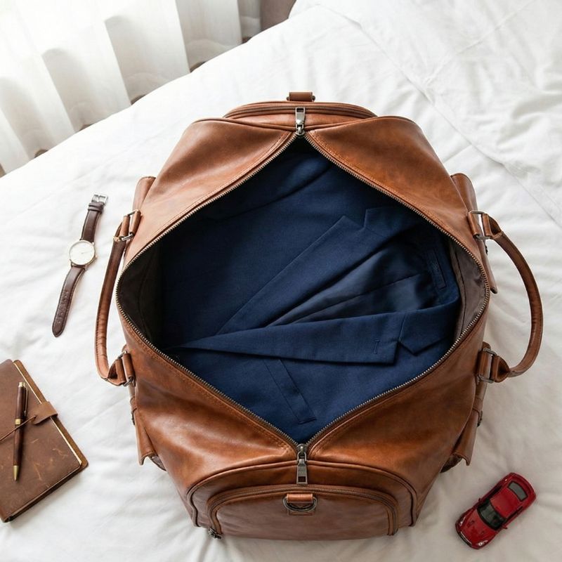 sac voyage convertible cuir rempli sur un lit