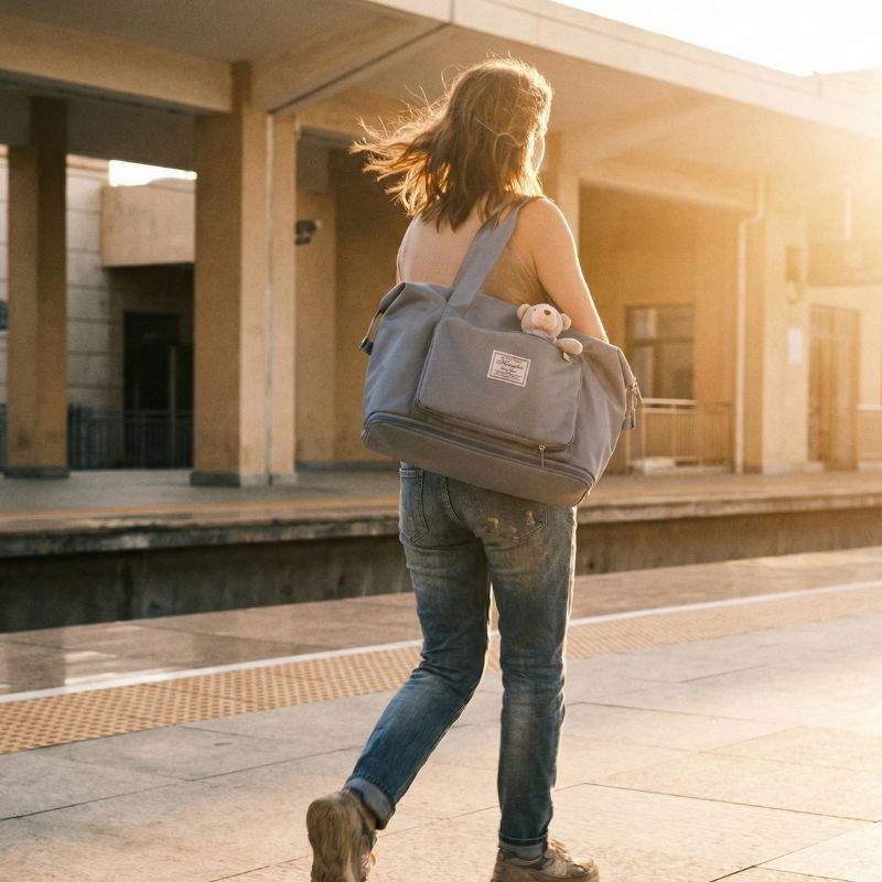 femme a la gare avec un sac voyage ultra leger pliable