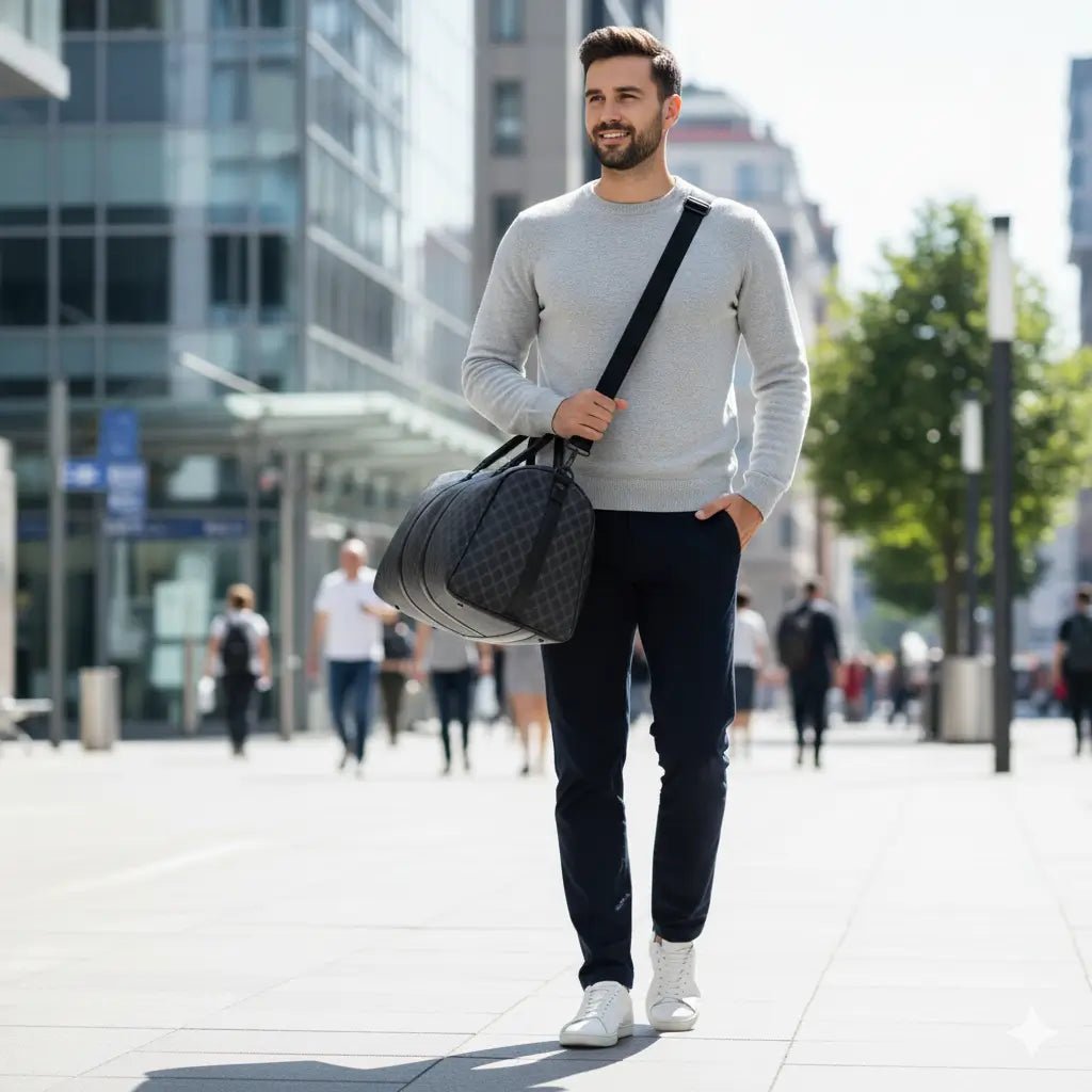 homme en ville avec sac week end pour homme