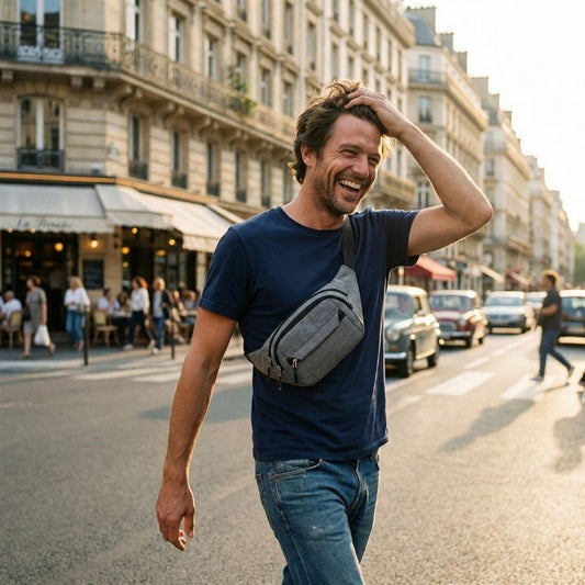 homme souriant avec sacoche banane homme