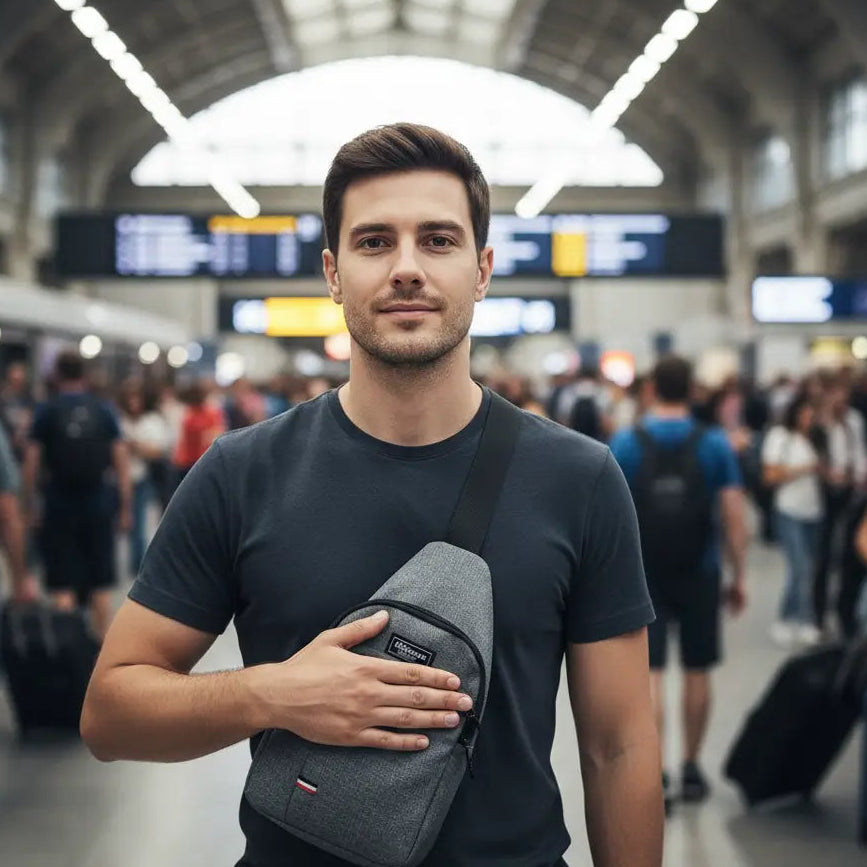 homme dans une gare avec sa sacoche torse homme