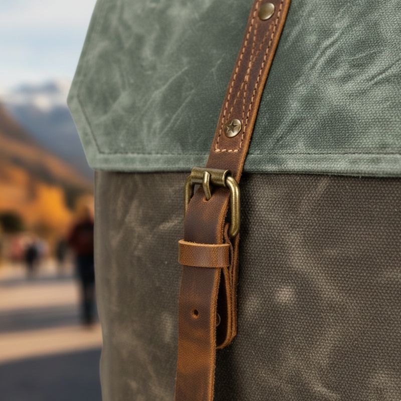 zoom sur un sac à dos roll top vintage vert